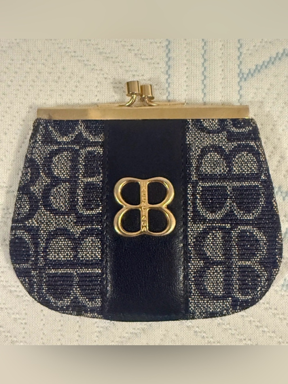 Balenciaga Navy Patterned Coin Purse with Gold Hardware